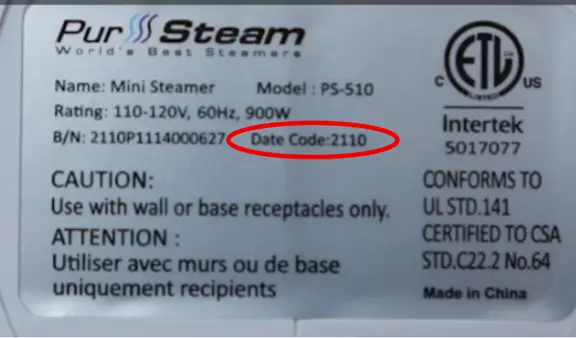 Label on bottom of recalled PurSteam Elite Travel Steamer – Model PS-510