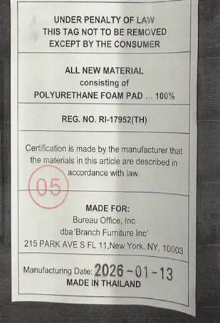 Example of manufacture label underneath the recalled chair’s seat cushion