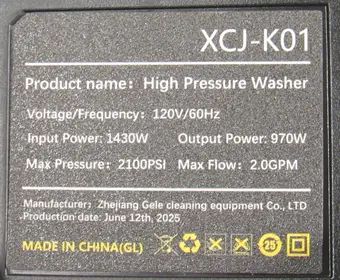 Model number XCJ-K01 is printed on a label on the back of the recalled Sweetcrispy pressure washers