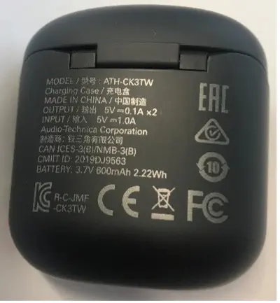 Recalled Audio-Technica Wireless Headphones (Model ATH-CK3TW) charging case - rear view