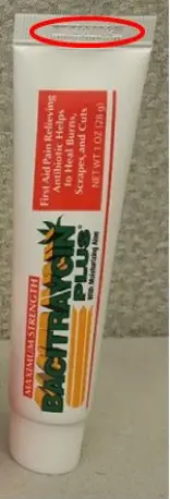 Lot number location on recalled Maximum Strength Bacitraycin Plus with Lidocaine