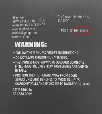 The date codes HH10/2016, HH11/2016, HH3/2017, HH4/2017 can be found on the back of the chair.