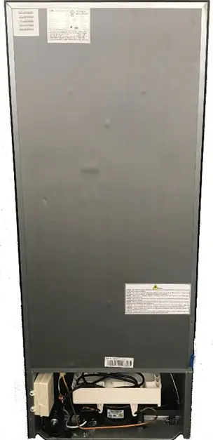 Rear of the recalled Haier 10.1 Cubic Foot Top-Mount Refrigerator with the serial number on a label at the top left.