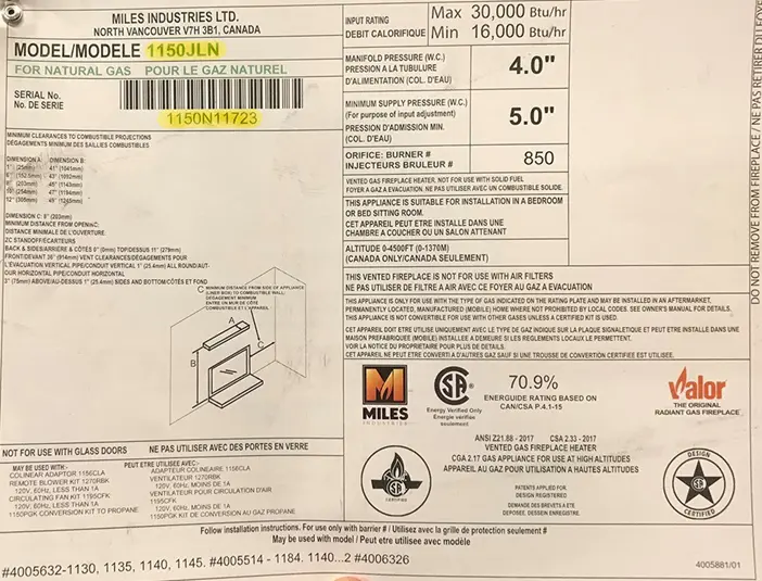 Rating sheet with the model number and serial number