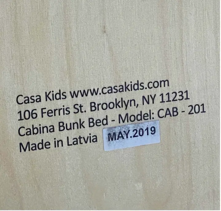 Label of recalled Casa Kids Cabina Bunk Bed - May 2019