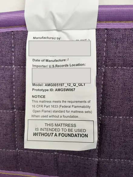 Recalled BedsPick Mattress Label with identifying information