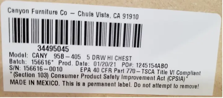 Label on back of the chest