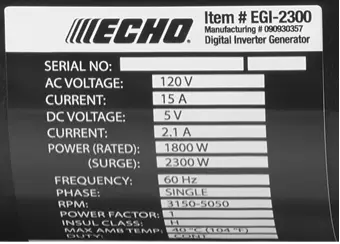 Echo 2300-Watt Generator Data Label