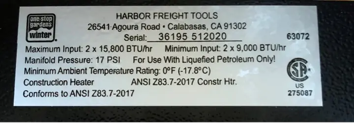 Label on recalled 30,000 BTU Tank Top Propane Heater showing Item #63072