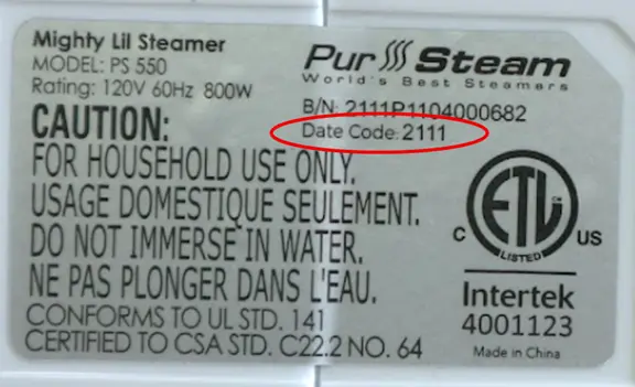 Label on bottom of recalled PurSteam Mighty Lil Steamer – Model PS-550