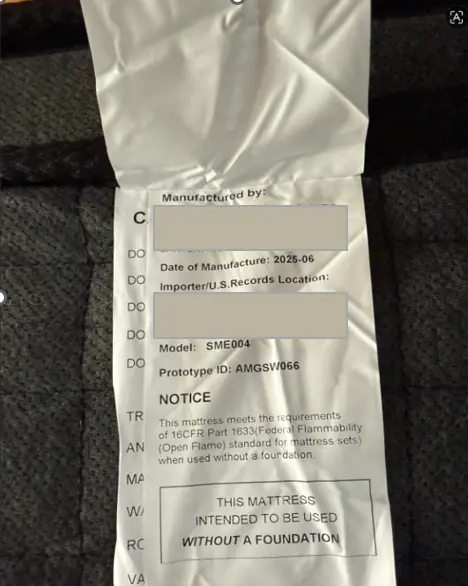 Recalled BedsPick Mattress Label with identifying information