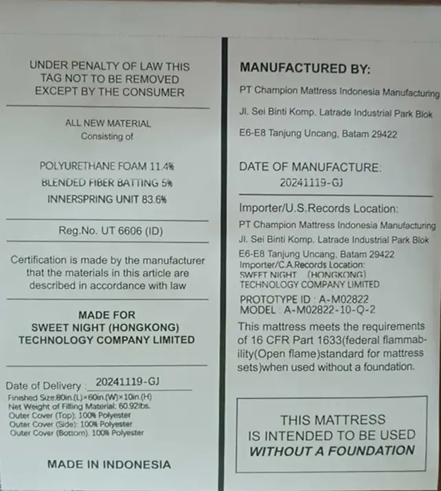 Labeling on the side seam of Mattress