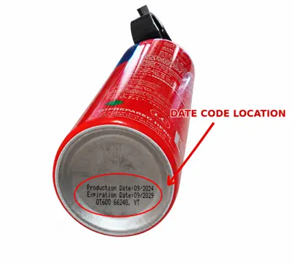 Location of the Date Code (09/2024) on the bottom of the recalled Hero Fire Spray Canister
