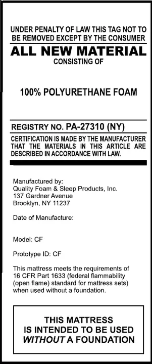 Recalled Quality Foam mattress tag