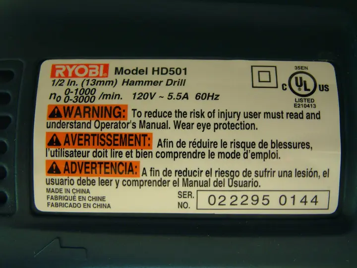 Recalled RYOBI brand hammer drill label