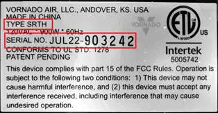 Rating Label on Recalled SRTH Small Room Tower Heaters (Showing JUL22 Date Code as First 5 Digits of Serial Number)