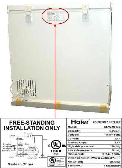 Rating label is located at the top center of the back of the freezer