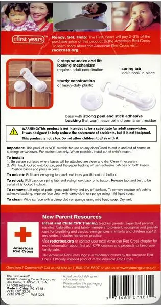 Photo from the official notice: The First Years® Recalls American Red Cross® Cabinet Swing Locks; Latches Can Fail to Prevent Access by Children