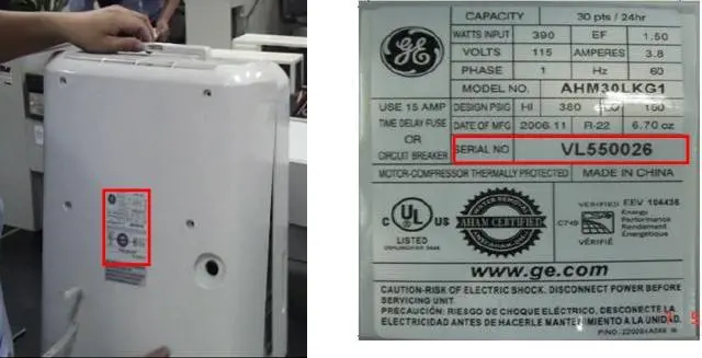 RATING LABEL WITH MODEL AND SERIAL NUMBER SHOWN HERE: