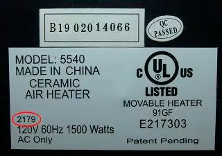 The Date Code is circled in red. If you have a model 5540 or 8540, turn the heater over and check the date code located as shown on the label located at the bottom of the unit.