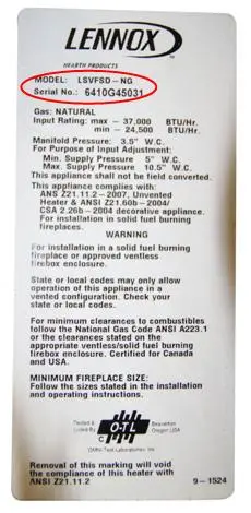 Sample Shadowdance Natural Gas Burner Rating Plate