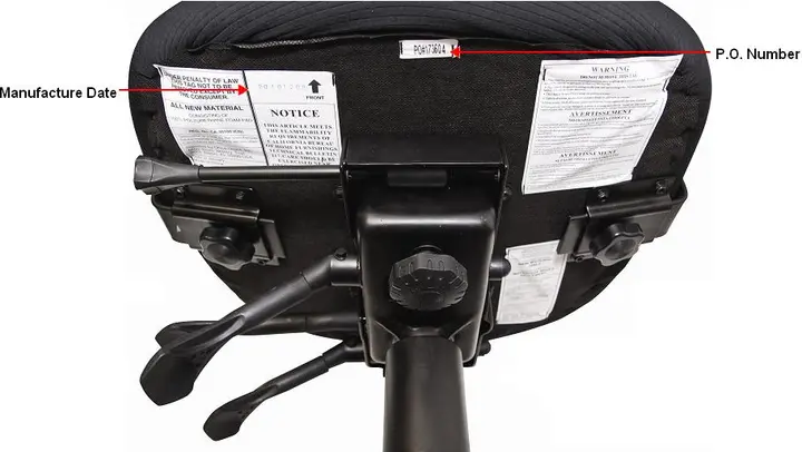 Labels on underside of chair