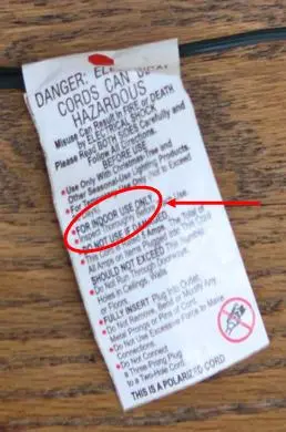 Warning label on the cord indicates "FOR INDOOR USE ONLY."