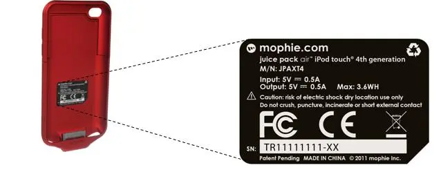 Photo from the official notice: Mophie Recalls iPod Touch Rechargeable External Battery Case Due to Burn Hazard