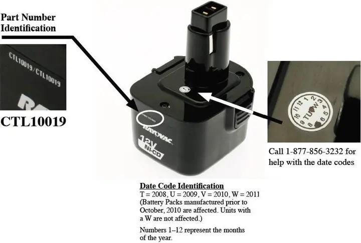 Photo from the official notice: BatteriesPlus Recalls Replacement Battery Packs Used with Cordless Tools Due to Explosion Hazard