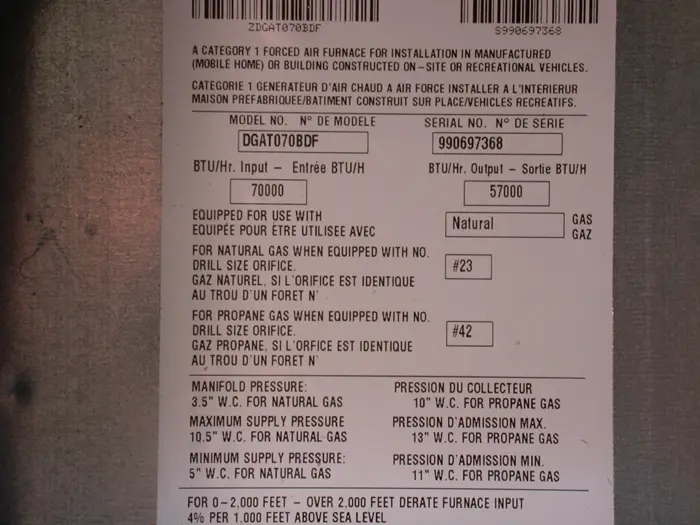 Recalled gas furnace label