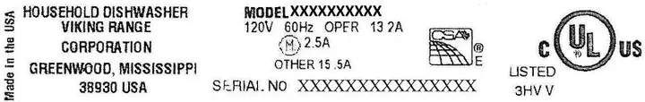 Viking Range dishwasher label