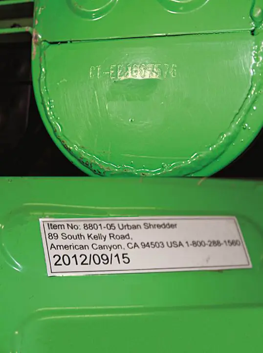The model number and the manufacture date are printed on a label on the underside of each model of the Urban Shredder.