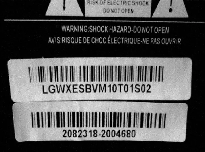 Coby television label with serial number
