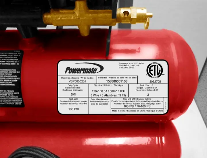 Powermate air compressor label with model and serial number numbers