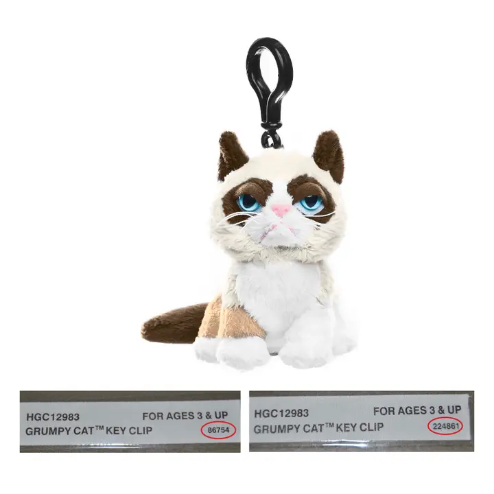 Grumpy Cat 4" Key Clip. Red circle indicates location of batch number on the sewn-in-label.