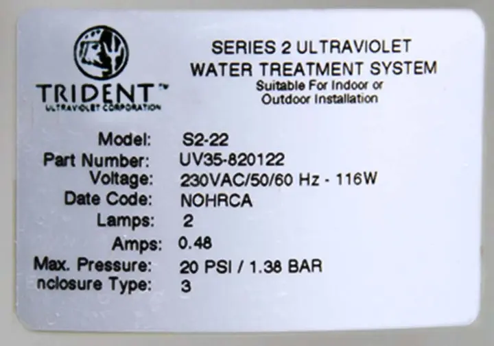 Label on Paramount Trident pool sanitation system