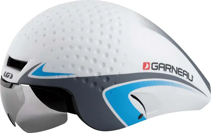 Louis Garneau P-09 aerodynamic bicycle helmet in white, blue and gray.