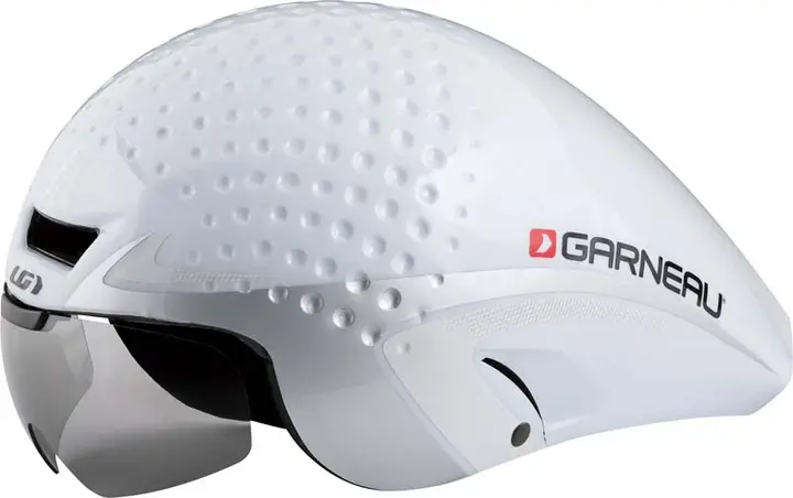 Louis Garneau P-09 aerodynamic bicycle helmet in white and silver.