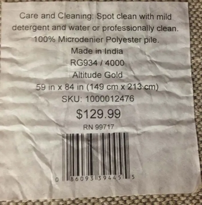 Label on the underside of the Mohawk Altitude shag rug