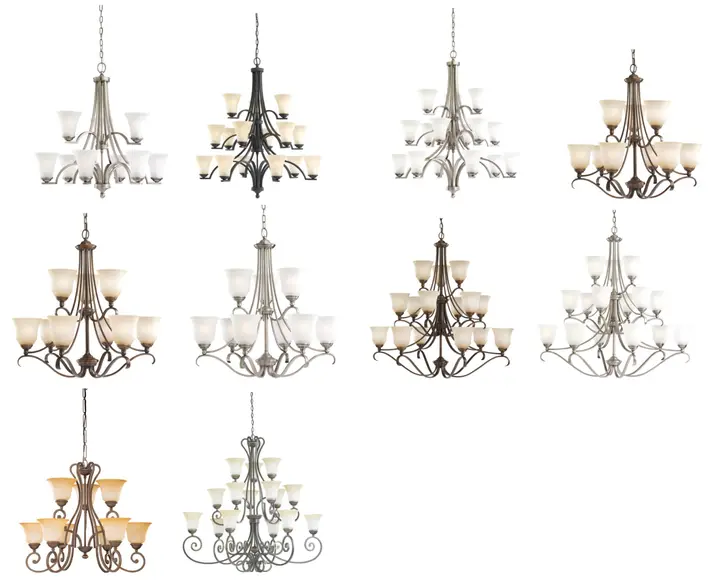 10 Versions of recalled Seagull Chandeliers. Please see chart in recall for full images of all lighting involved.