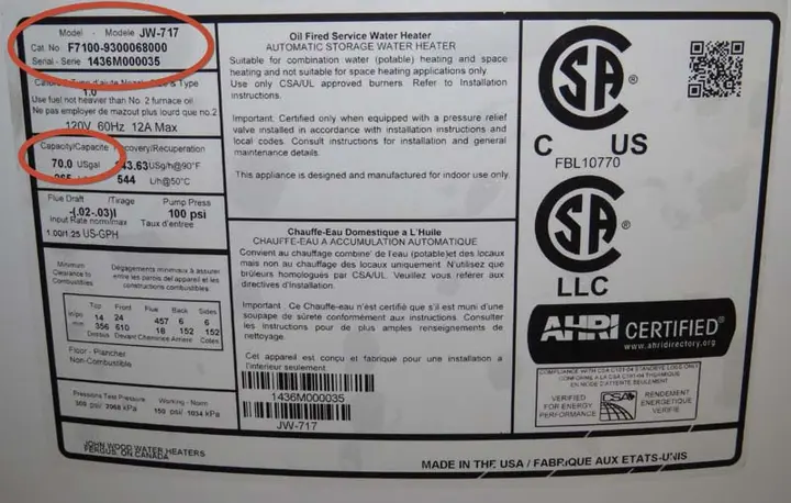 Rating plate with model, size and serial number