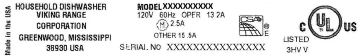 Identification plate with model number and serial number