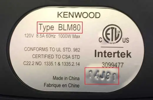 Rating label with type number and date code on bottom of blender