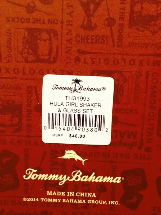 Tommy Bahama Shaker Set Product Label on the Bottom of Product Packaging