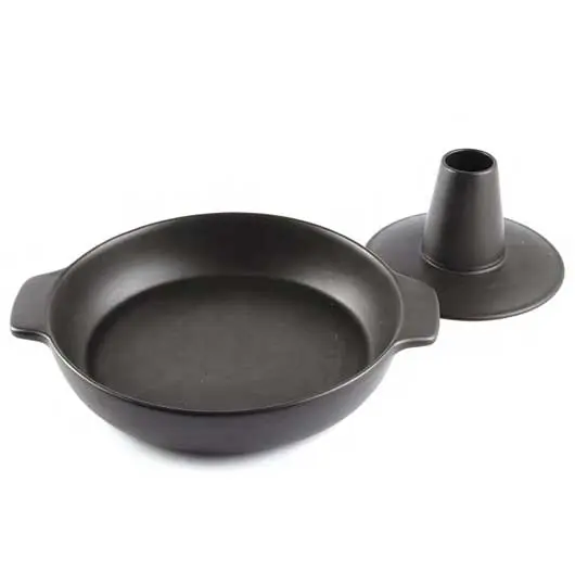 The roaster consists of a round roasting pan with handles and a removable insert