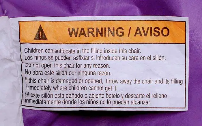 Warning label on the bean bag chairs