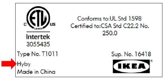 Label attached to the HYBY electrical lamp housing