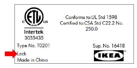 Label attached to the LOCK electrical lamp housing