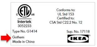 IKEA Label attached to underside of the circular lamp base printed "Gothem."