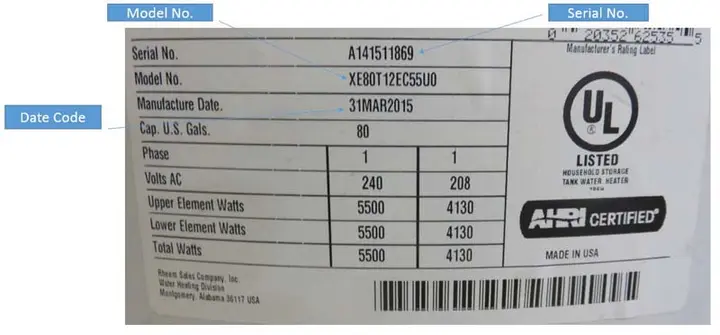 The rating plate shows the model number, date of manufacture and serial number.